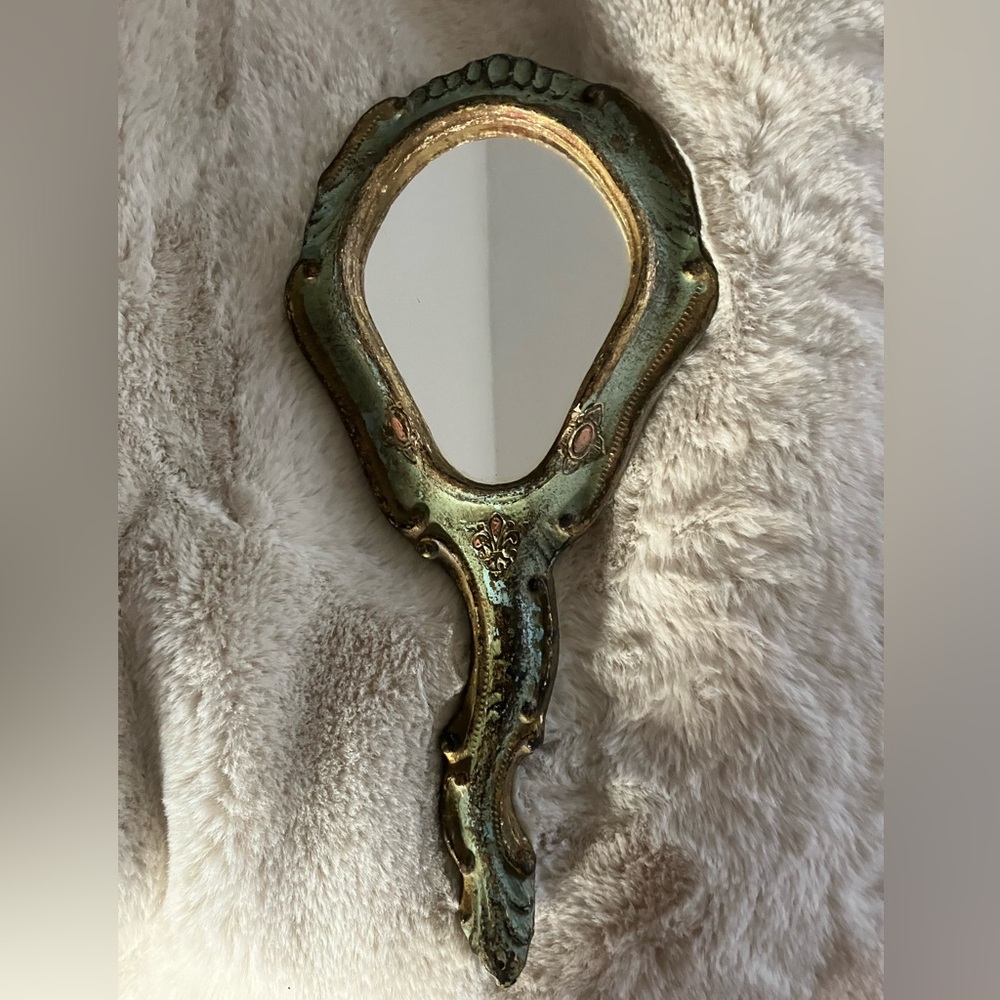 Vintage Florentine style Hand Carved Hand Mirror